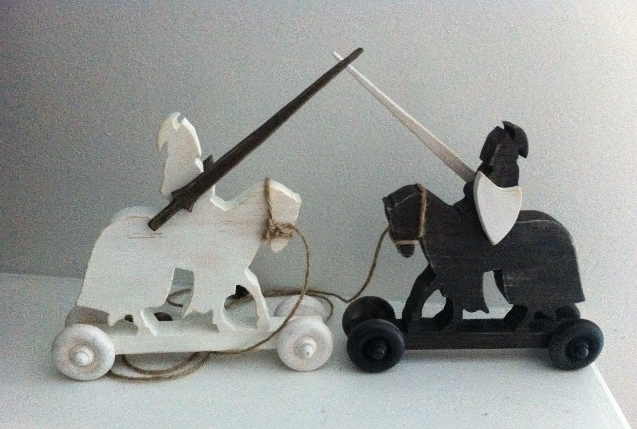Pair of Black and White Knights on Horse Pull Toys - knight toys
