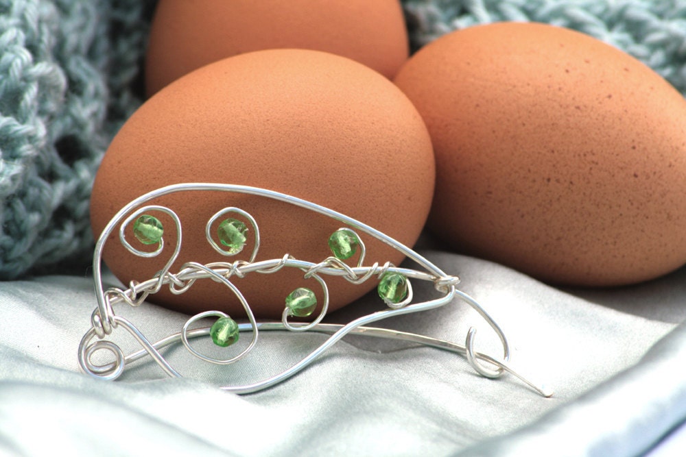 Handmade Sterling Silver Beaded Shawl Pin - Fibula Style Curling Leaf with Dainty Green Crystal Accents