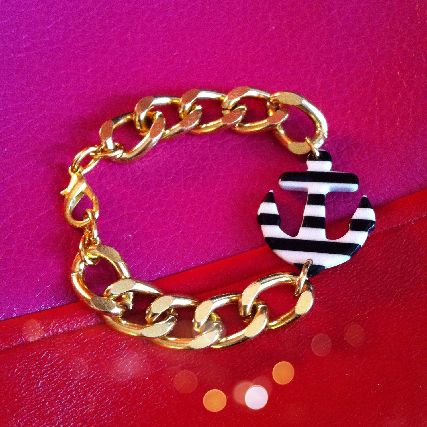 ANCHORS AWAY: Gold Chain Link Bracelet with Black & White Anchor