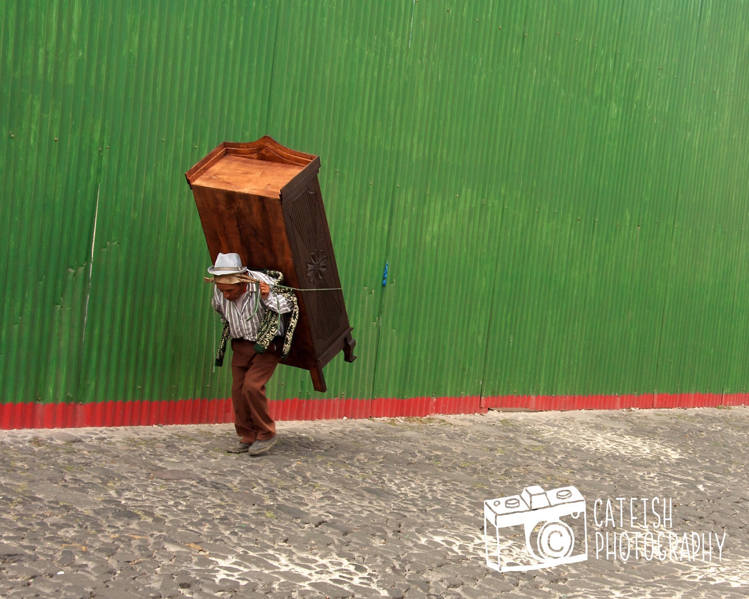 Man Carrying Wardrobe down Cobblestone Street in Antigua, Guatemala - Fine Art Photography Print