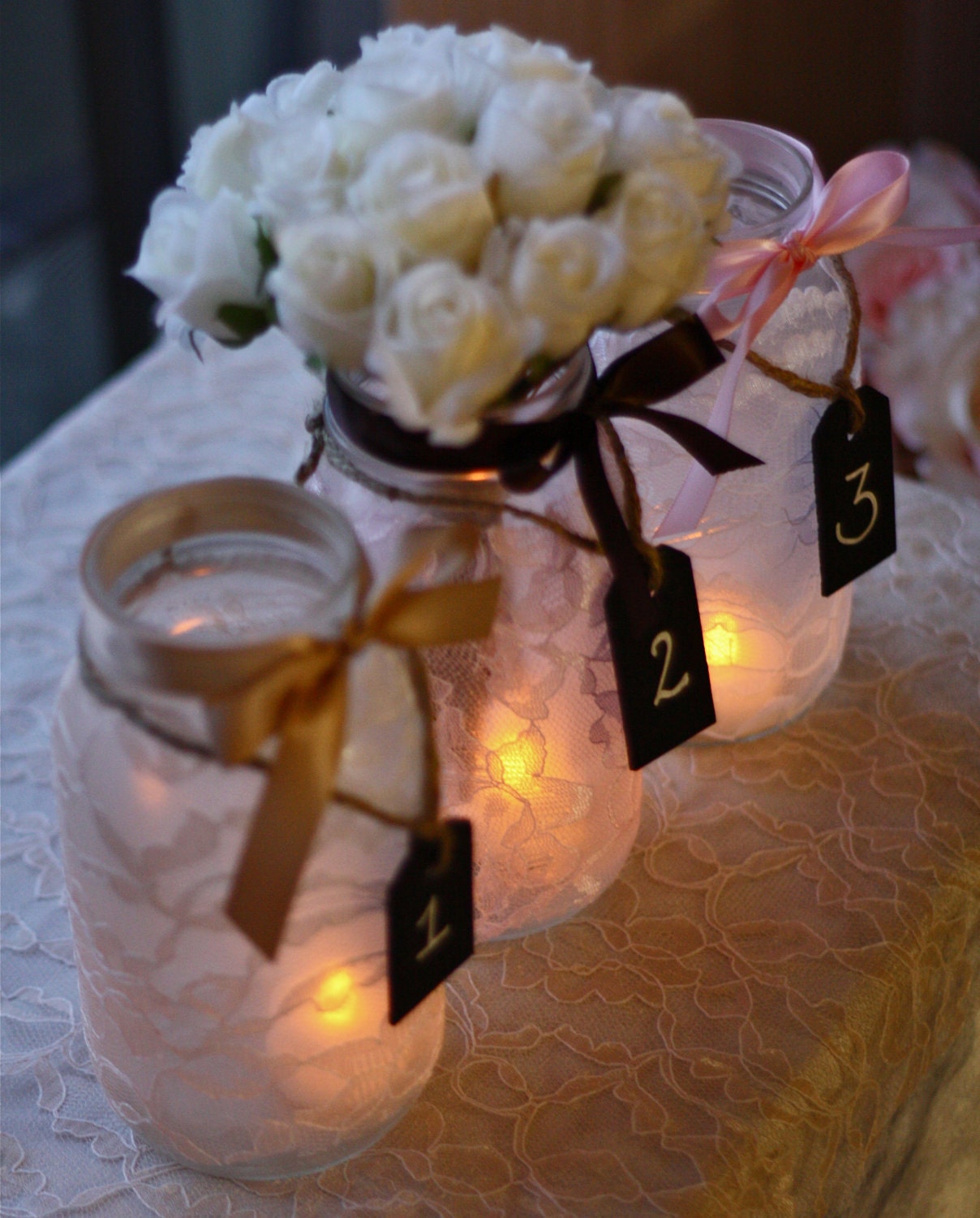 Set of 10 Lace Mason Jars with chalkboard tags - wedding table numbers, shower table numbers, rustic charm