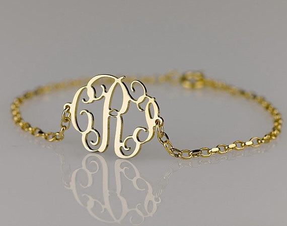 Monogram Bracelet 0.6 inch , Side attached on 18k Gold Plated over Sterling Silver