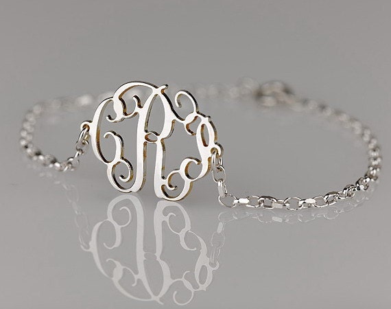 Monogram Bracelet 0.6 inch, 925 Sterling Silver -Side attached chain