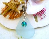 Beach Glass Necklace, Seaglass Necklace, Aqua Blue Necklace, Swarovski Crystal, Sea Glass Necklace