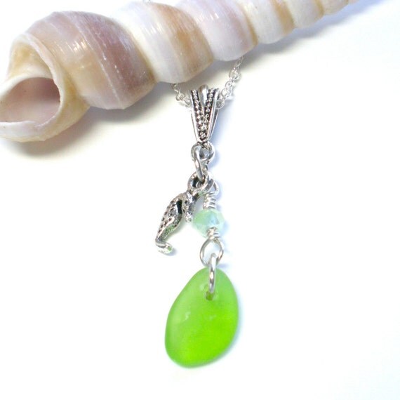 Sea Glass Necklace Green Beach Glass Seahorse Necklace, Seaglass Jewelry