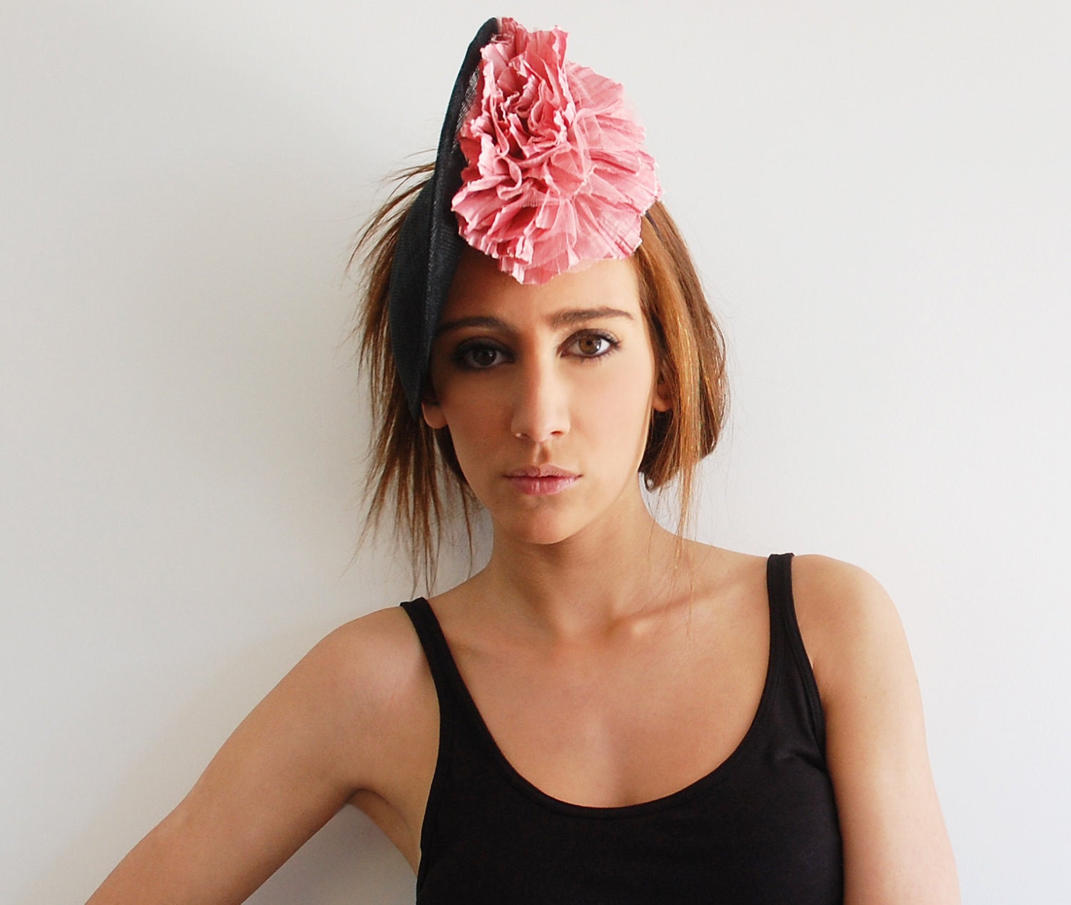 black sinamay fascinator with flower for women