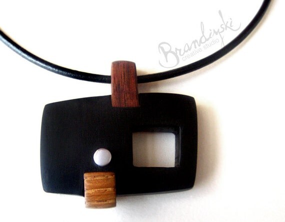 WOODEN JEWELRY - Unique designed Wooden Necklace - exotic black and brown ebony, oak, aluminium detail, 3mm leather cord