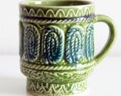 Vintage Green and Blue Handmade Ceramic Mug Tribal Pattern Coffee Mug
