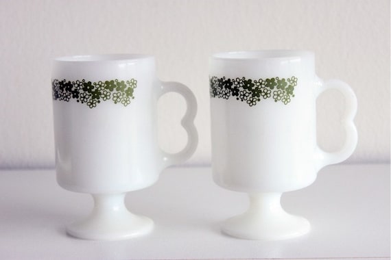 Vintage Corelle Spring Blossom Milk Glass Coffee Cup Goblets - Set of 2 - Corelle Crazy Daisy Coffee Cup