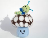 Stuffed mushroom toy MADE TO ORDER with caterpiller friend in chocolate dot and turquoise fleece