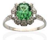 Vibrant Green Cushion Cut Tsavorite Garnet encircled by Old European Diamonds. 18 CT White Gold. Luscious.