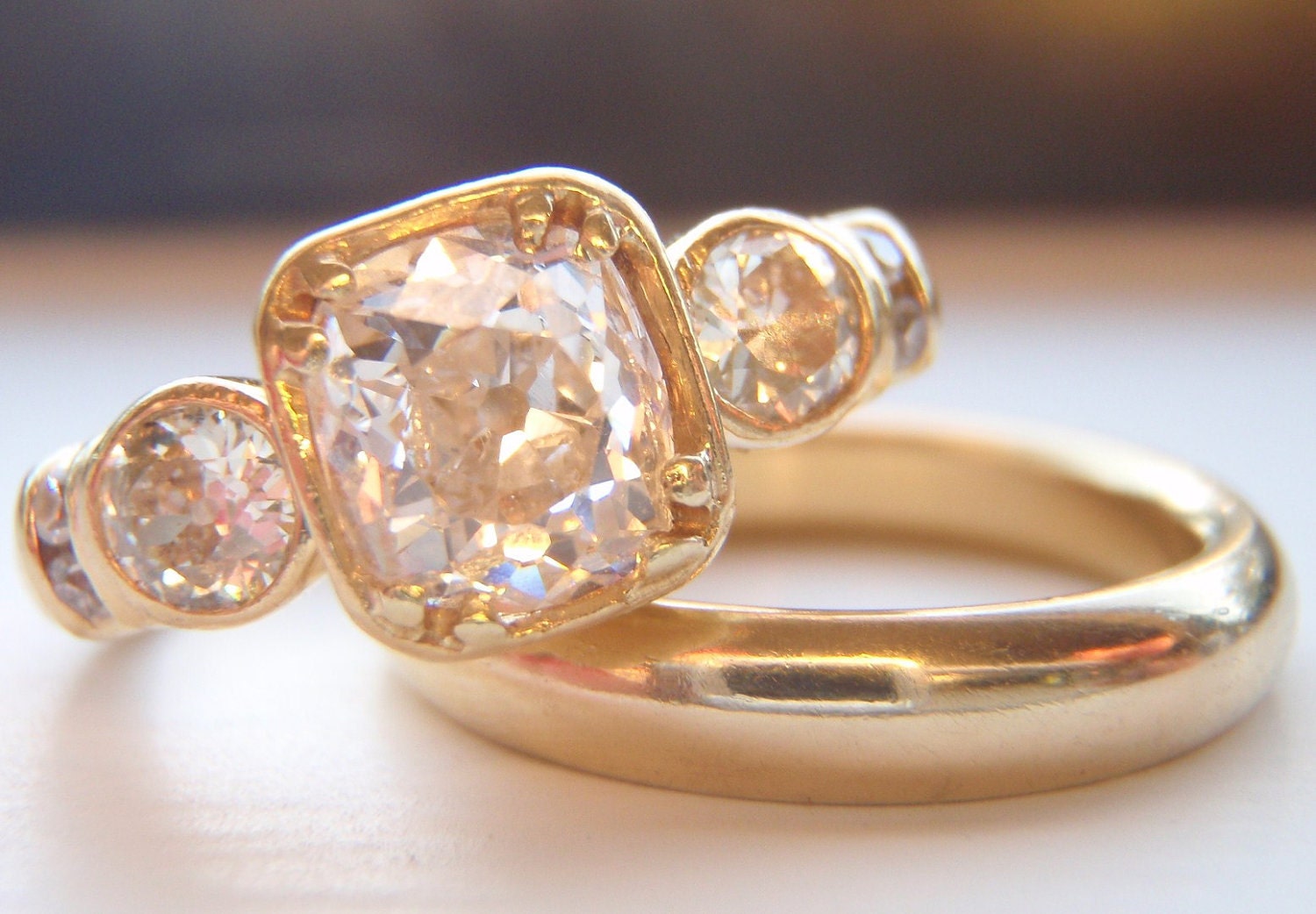 1 Ct Cushion Cut Old European Diamond with 6 accent diamonds. Engagement Ring or Wedding Ring Set. Solid 18ct Gold. Big and Beautiful.