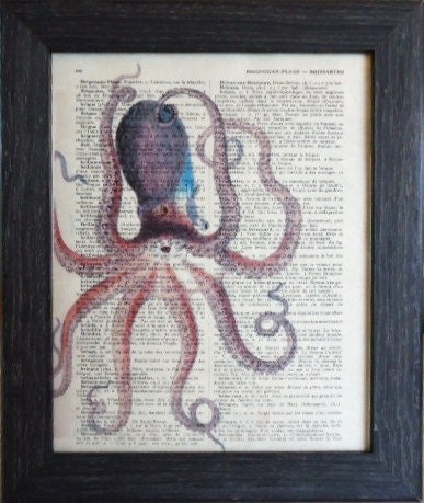 Octopus art print on an vintage french dictionary page, dictionary octopus print for your wall octopus mixed media (33)