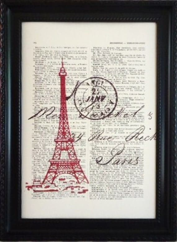 Paris red Eiffel tower romantic print on a vintage french dictionary page, dictionary print for your wall (8)