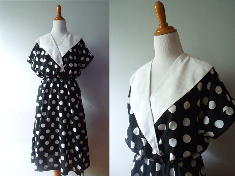 Ladies Vintage Short Sleeve Collared black and White Polka Dot Classic Long Waist Cinched 70s Dress / Blair Brand / Small / Medium