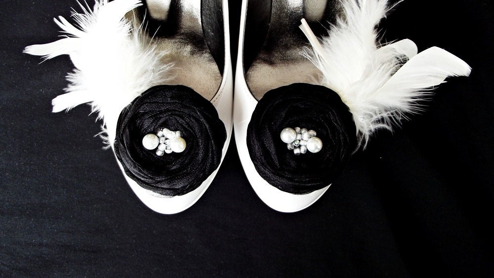 Black Fabric Roses with Ivory Feather Shoe Clips - BizimWedding