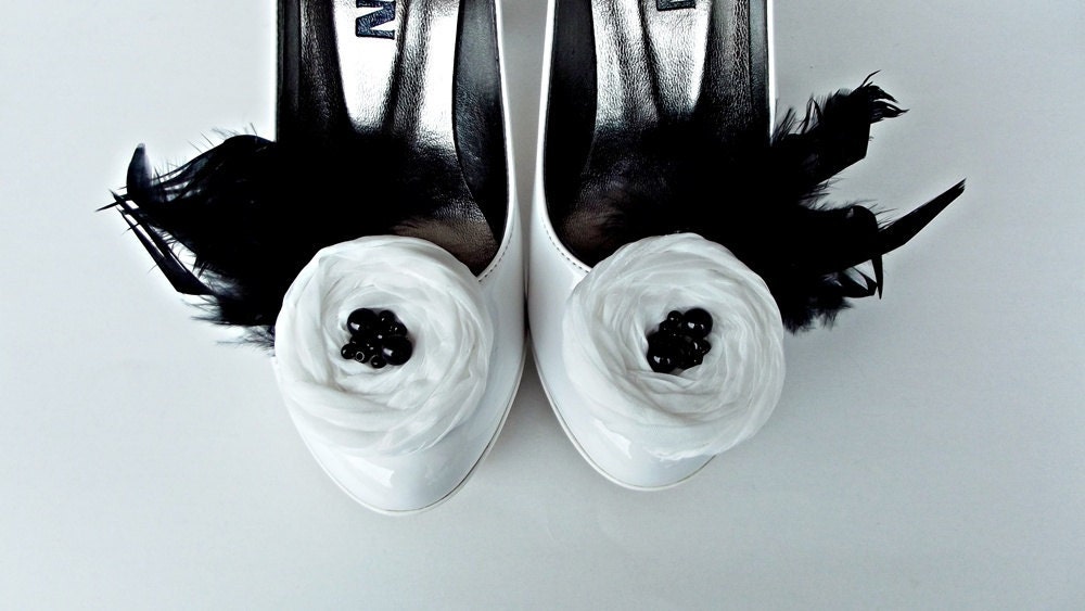 White Fabric Roses with Black Feather Shoe Clips