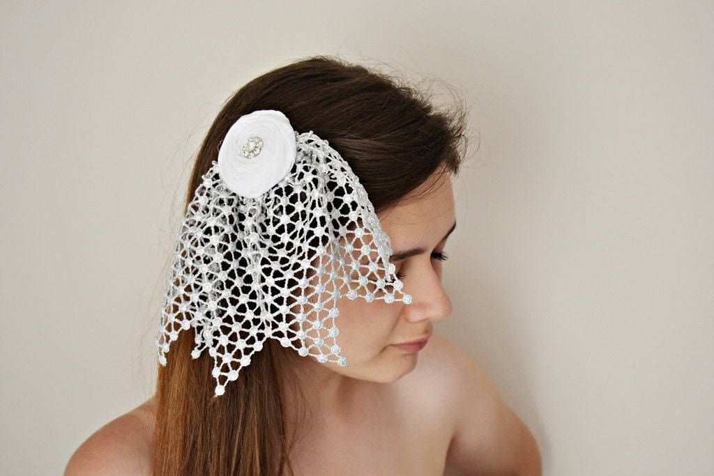 White Roses Hair Bridal Hair Alligator Clip with Silver Lace