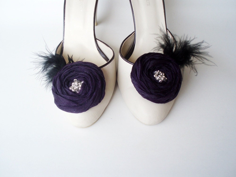 Purple Chiffon Roses with Black Feather Shoe Clips