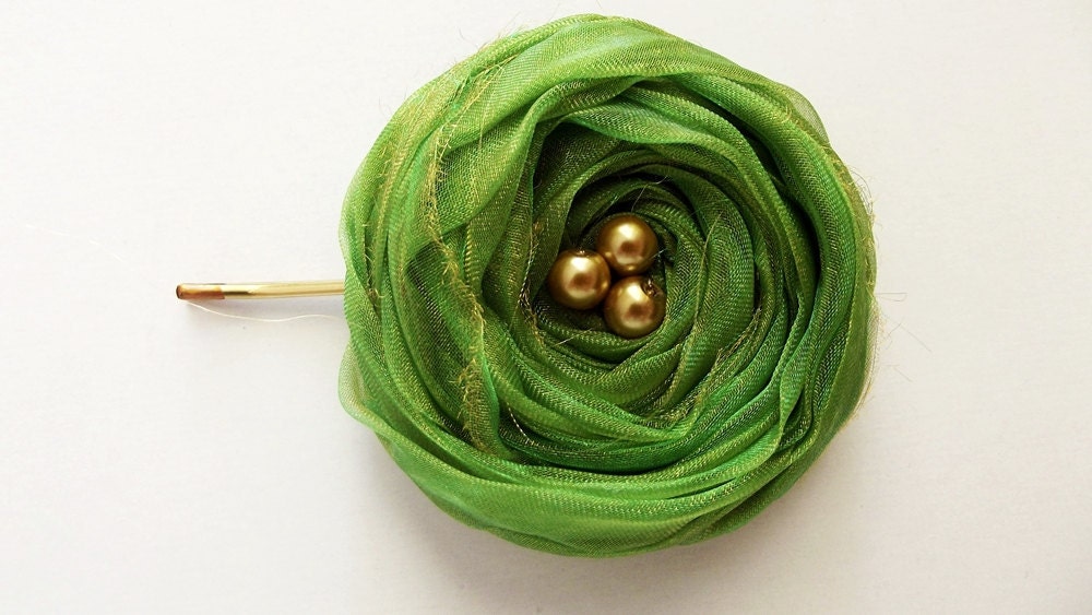 Green Chiffon Roses Hair Bridal Bobby Pin