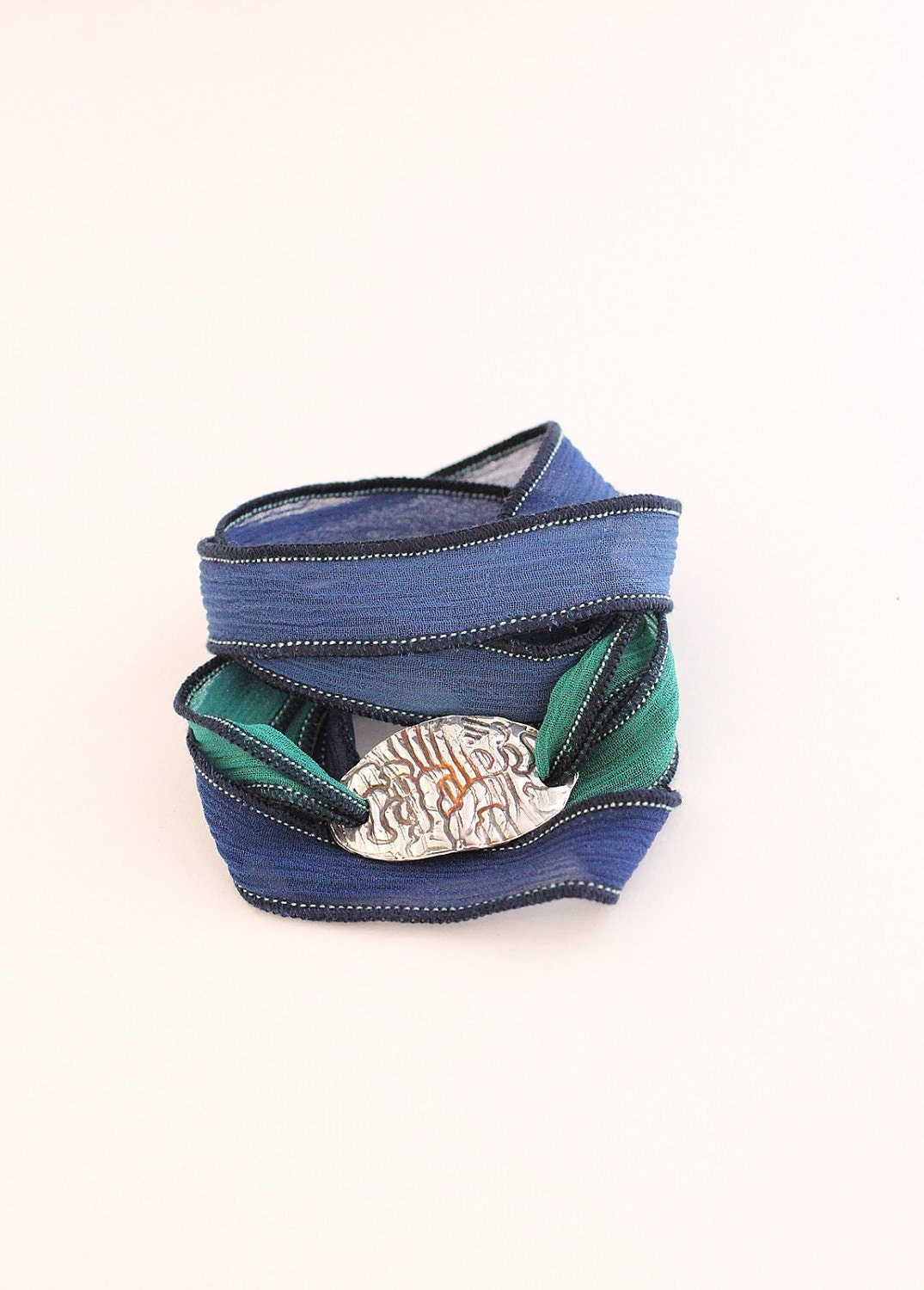 Seaside Jewelry  Silk Ribbon Bracelet, Wave Beach Bracelet  Fine Silver eco friendly precious metal clay, navy and teal Silk Wrap Bracelet