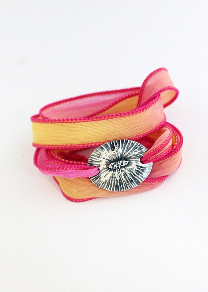 Beach Chic Bracelet Coral Burst Silk Ribbon Bracelet, Fine Silver, Eco Friendly Sea Life Jewelry Tropical Hot Pink, Under 75