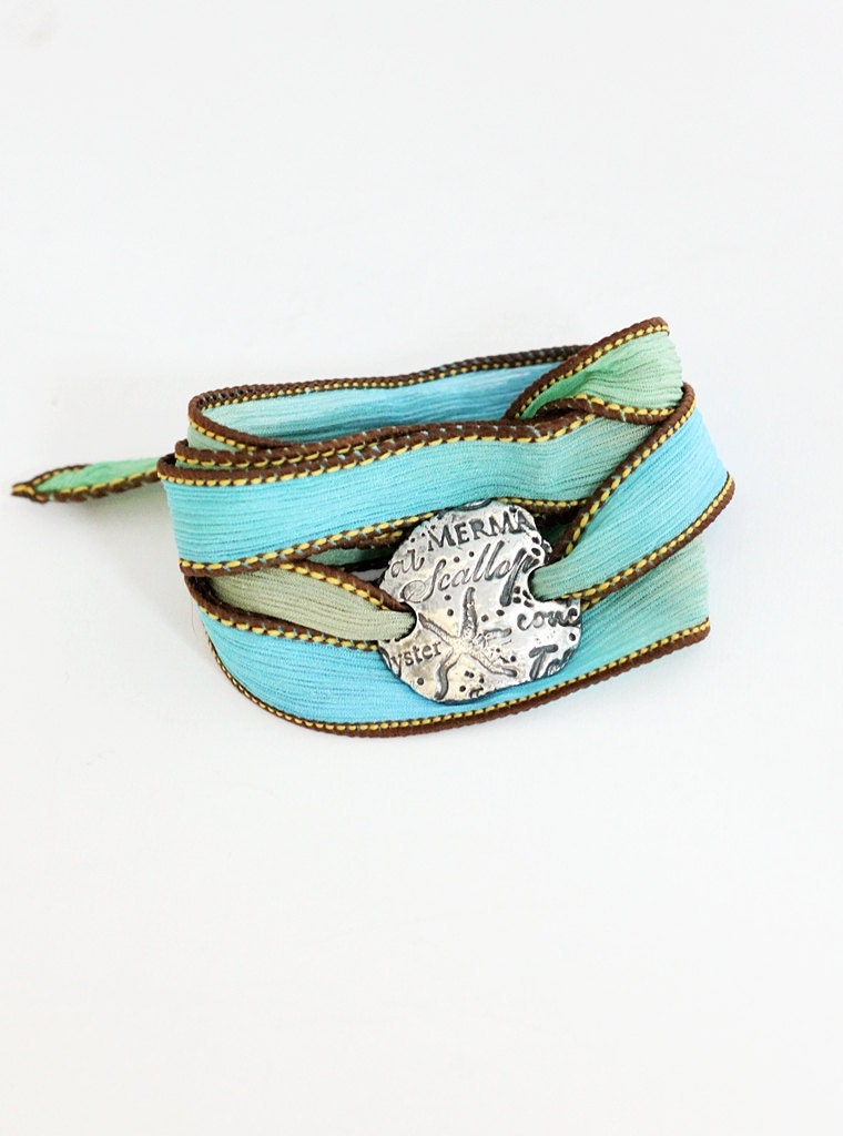 Under the Sea Bracelet Silk Ribbon Wrap, Starfish Beach Bracelet, Mermaid Rustic Fine Silver PMC Green and Turquoise