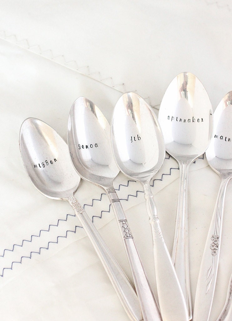 Sails Spoon Set.  Sailors Nautical Silverware Hand Stamped Recycled Vintage Silverware. Sailing Chic Nautical Decor