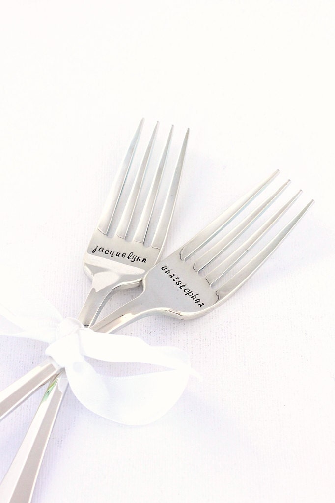 Personalized Fork Set. Hand Stamped Silver Anniversary, Wedding Silverware