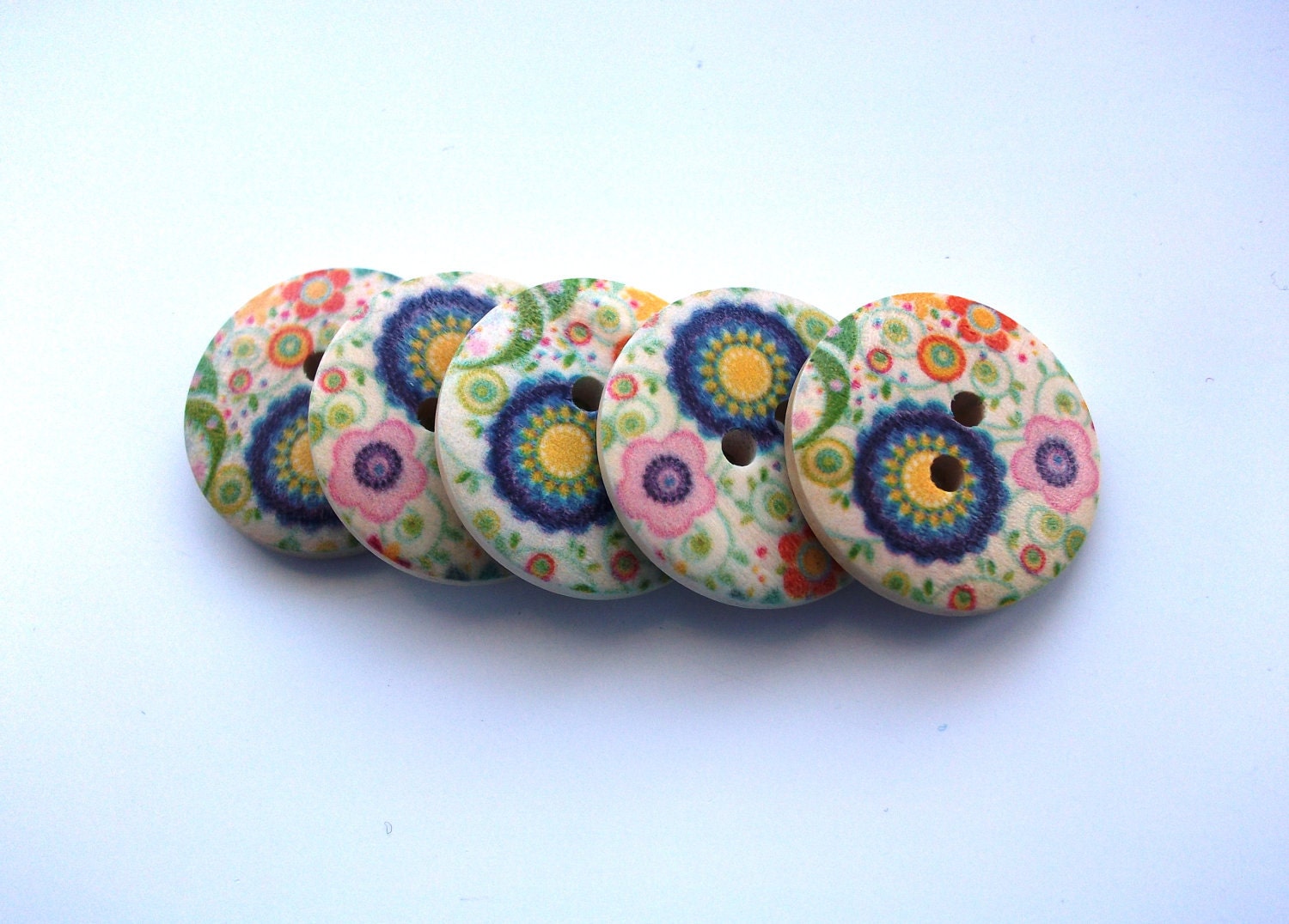 5 Wooden Buttons: 23mm 2-hole buttons with flower pattern in blue, yellow, pink, green, multi colour