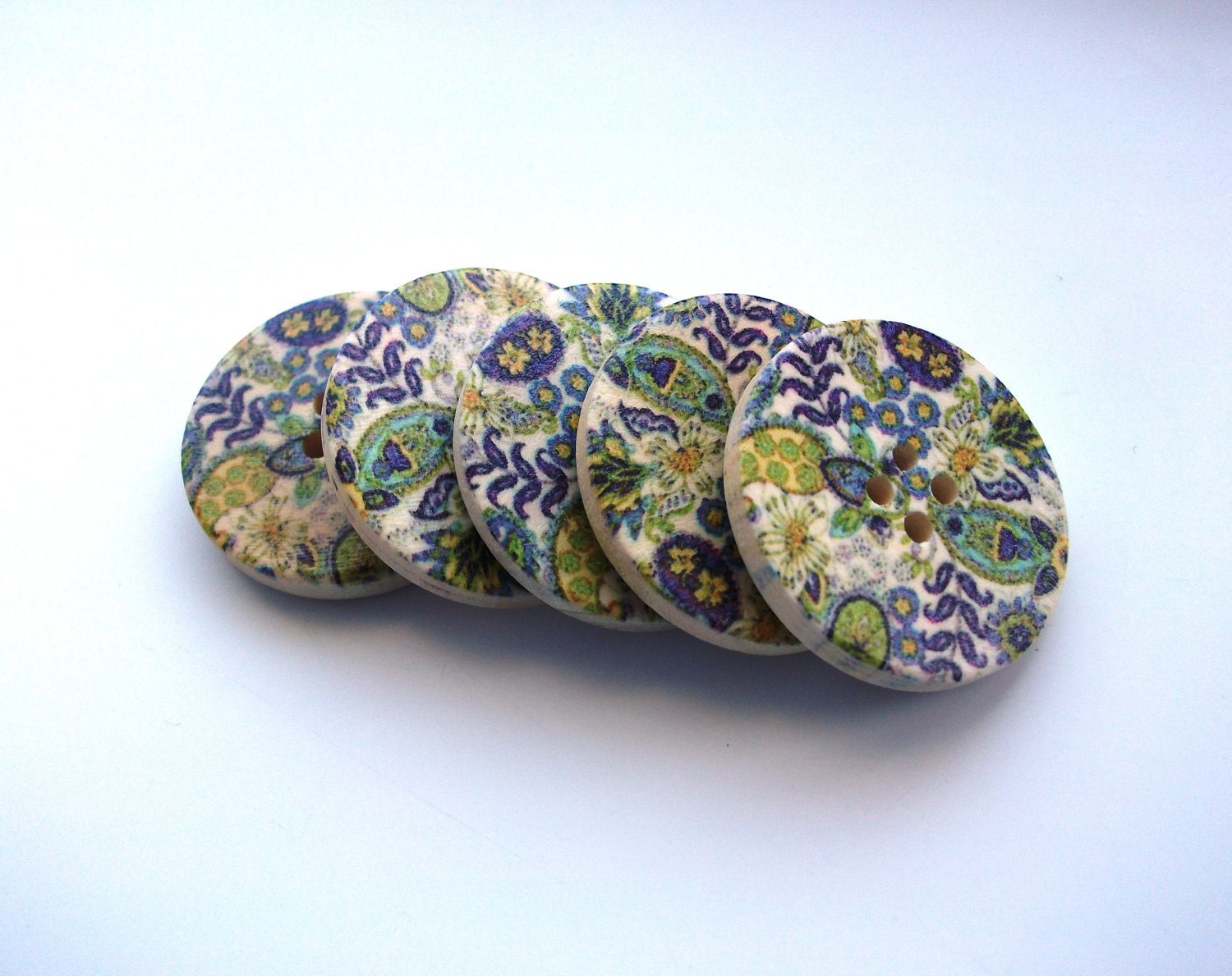 5 Blue and Yellow Wooden Buttons: 30mm 4-hole buttons with floral design in turquoise, yellow, green and blue