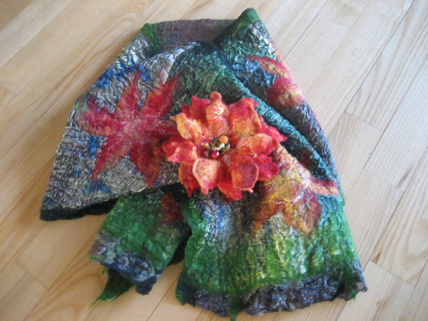 Red Orange Yellow Felted Flower Brooch, Nuno Felted Wool, Fire shades, under 20 dollars for her
