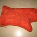 2 felted wool kitchen oven mitts gloves pot holders, decorated. Gift under 50. Brown blue red