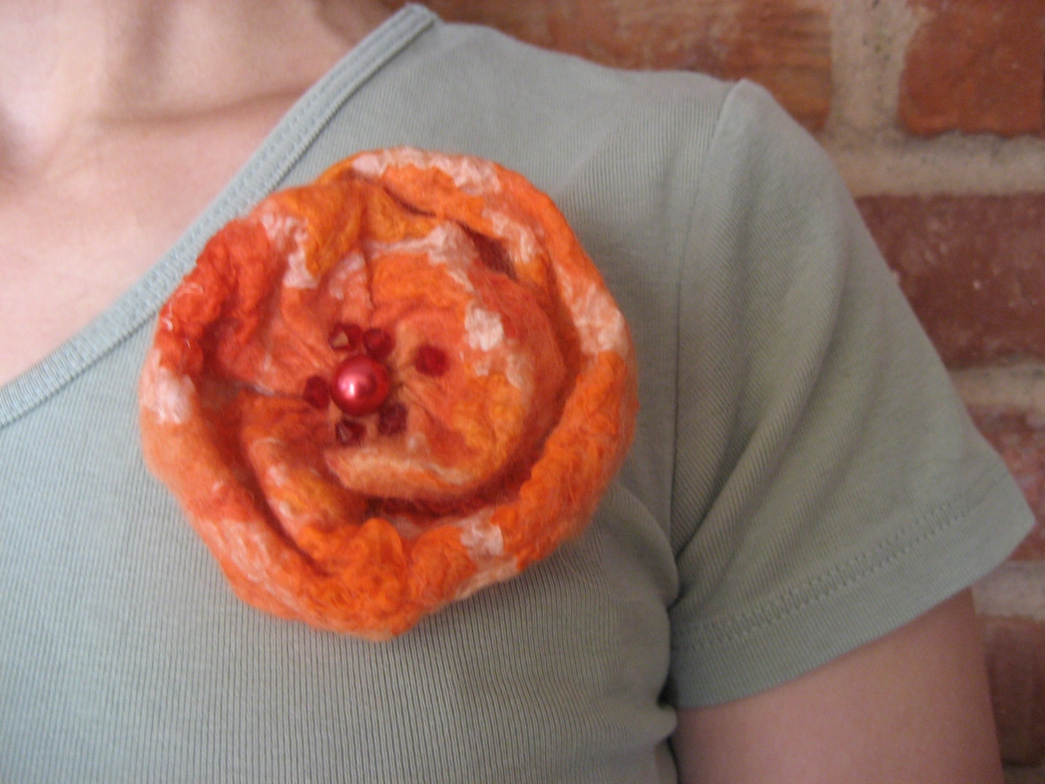 Felt Pink Orange Rose Flower Brooch Pin, Nuno Felted Wool Silk