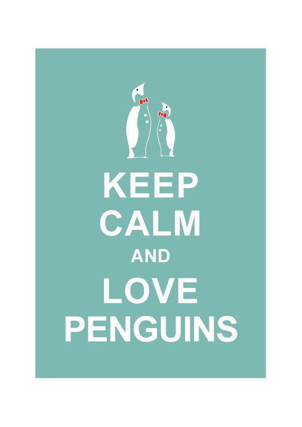LARGE 13X19 Keep Calm and Love Penguins : Light Teal Personalized custom Wedding Birthday Anniversary Gift Children Kids Home Decor