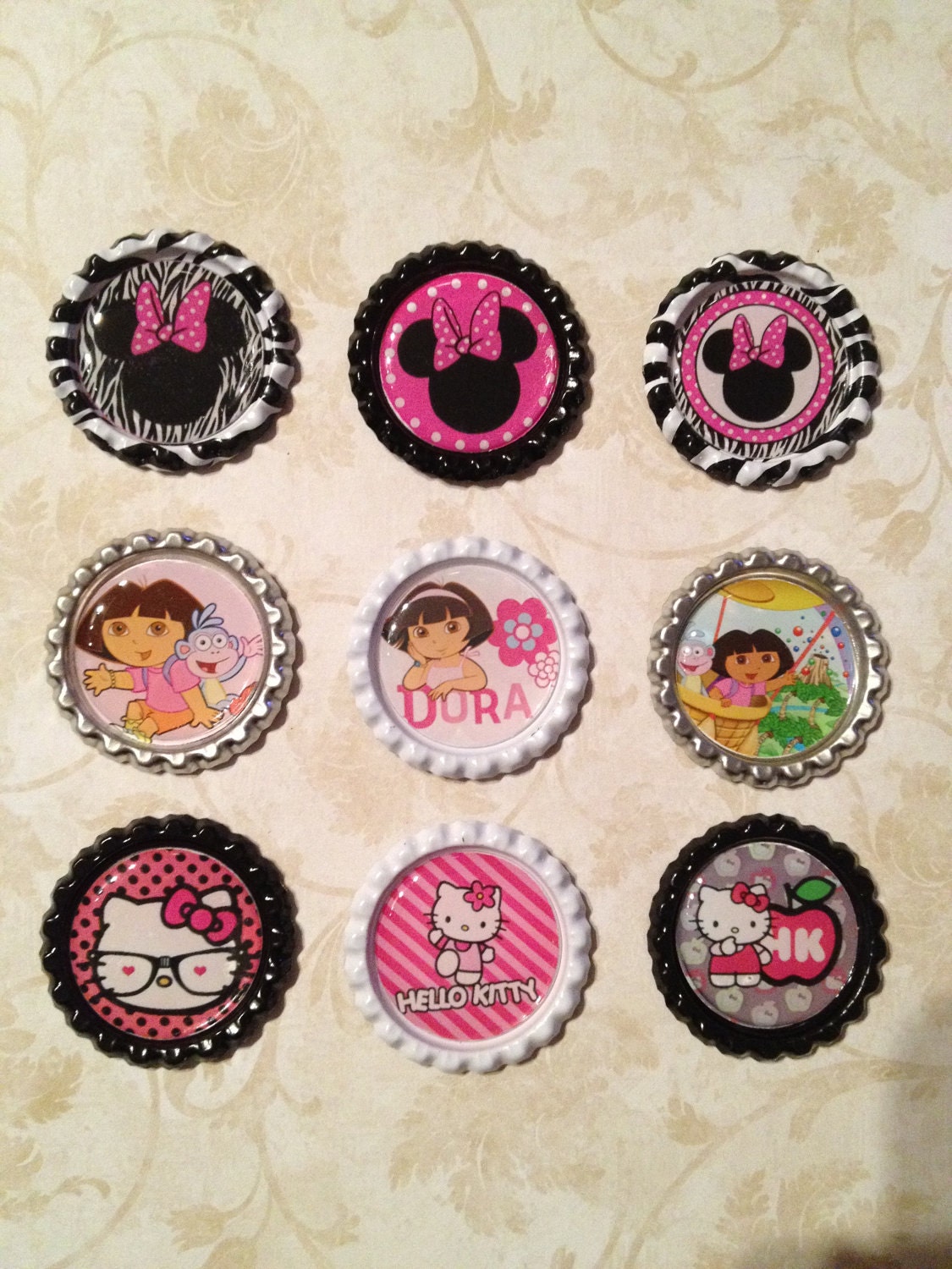 Dora, Minnie, and Hello Kitty Inspired finished bottlecaps set