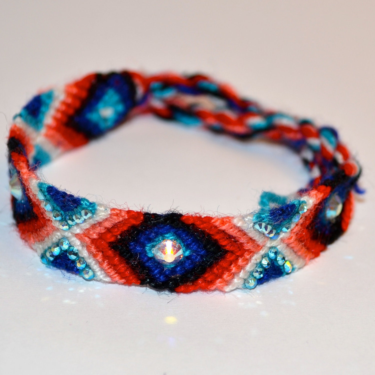 SALE - Neon Blue, Royal Blue, Pink, Coral and White Rhinestone Friendship Bracelet - "The Anemone"