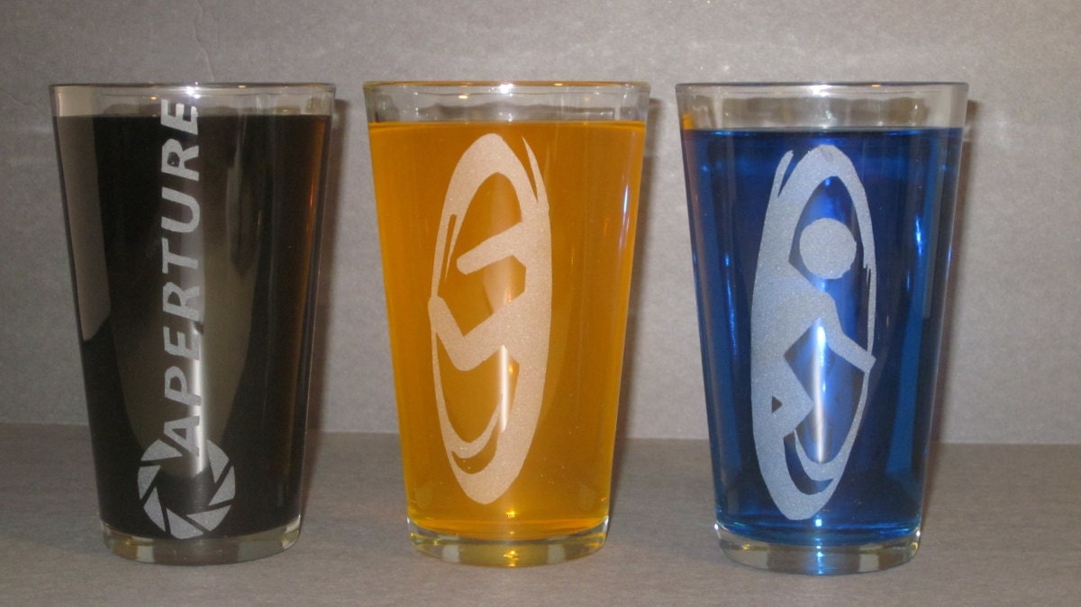 Portal Inspired Pint Glasses: Set of 3 Etched Pint Glasses Inpsired by the Portal Video Game