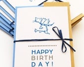birthday greeting card, letterpress card with lovely kitten illustration, printed in lightly colours of blue and silver