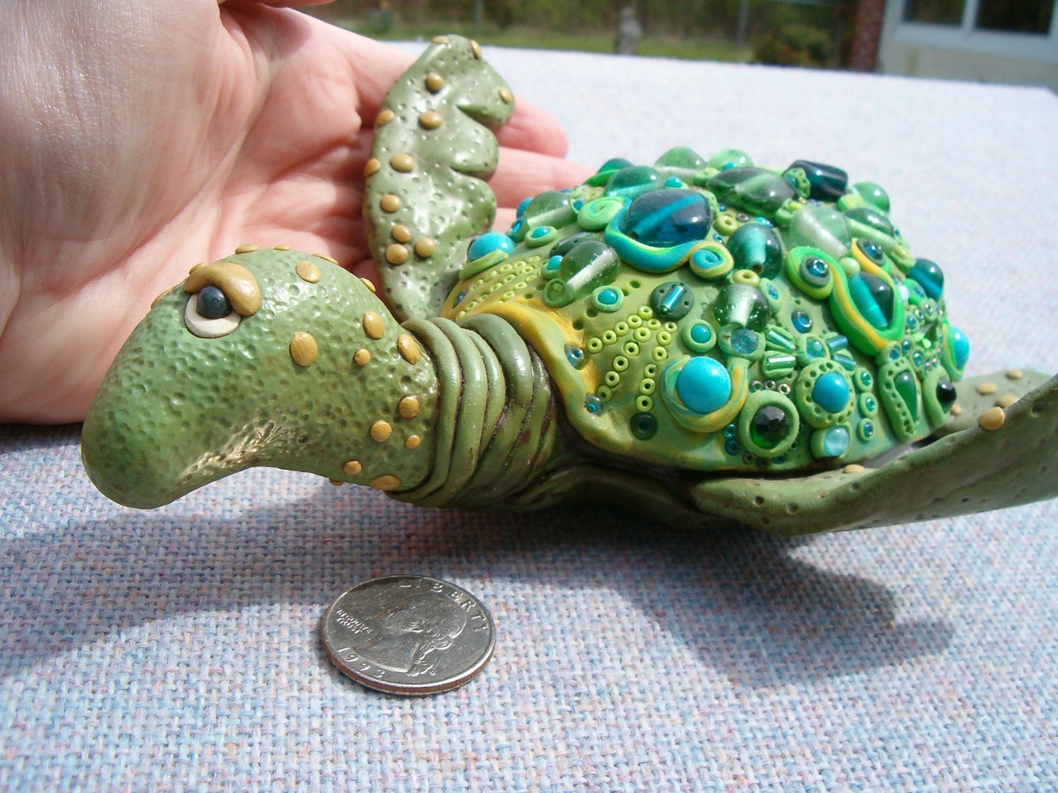Sea Turtle Art Sculpture Mixed Media Polymer Clay Handmade Unique Work Makes Great Gift For Collector, Cottage, House Boat.