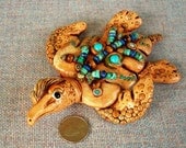 Handmade Sea Turtle Art Sculpture with Turquoise, Lapis and Tiger's Eye Beads