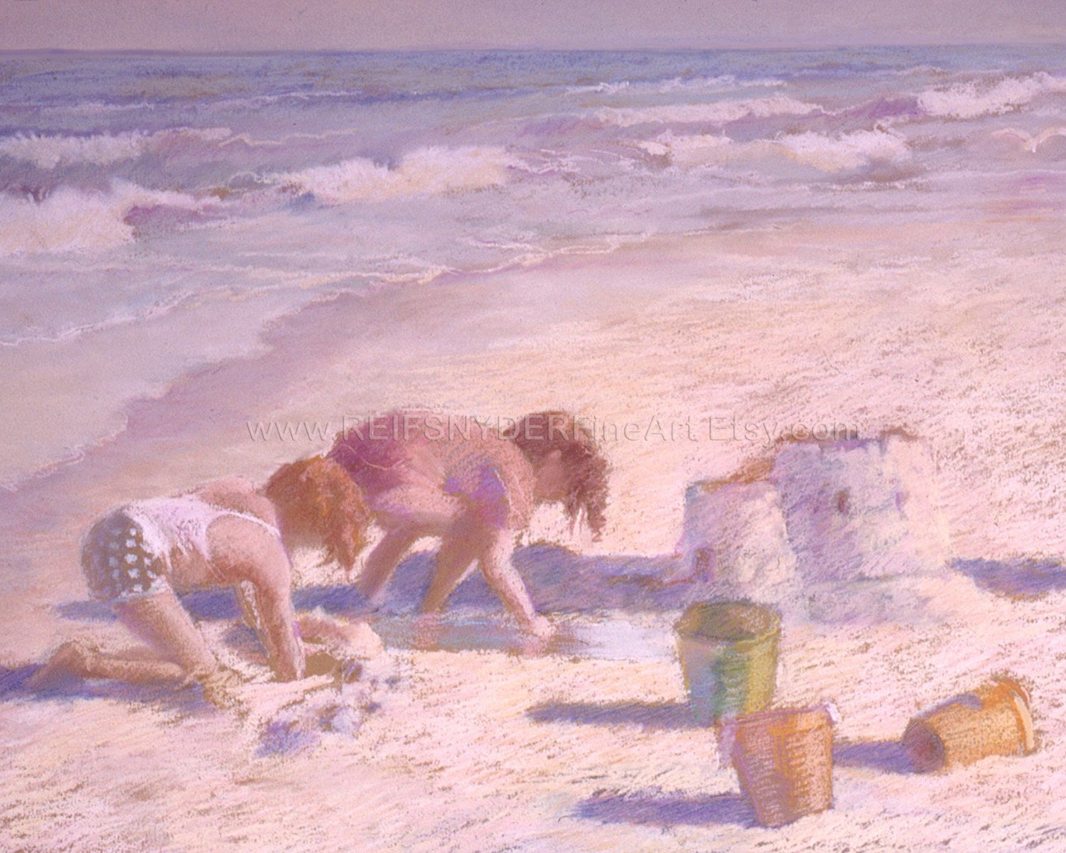 Giclee beach print of two children, playing in sand,sandcastle,ocean,shore,seashore,blue,yellow,pink,lavender - REIFSNYDERFineArt