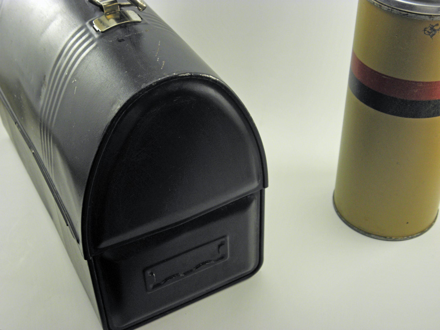 Vintage Metal Black Dome Lunch Box With Thermos