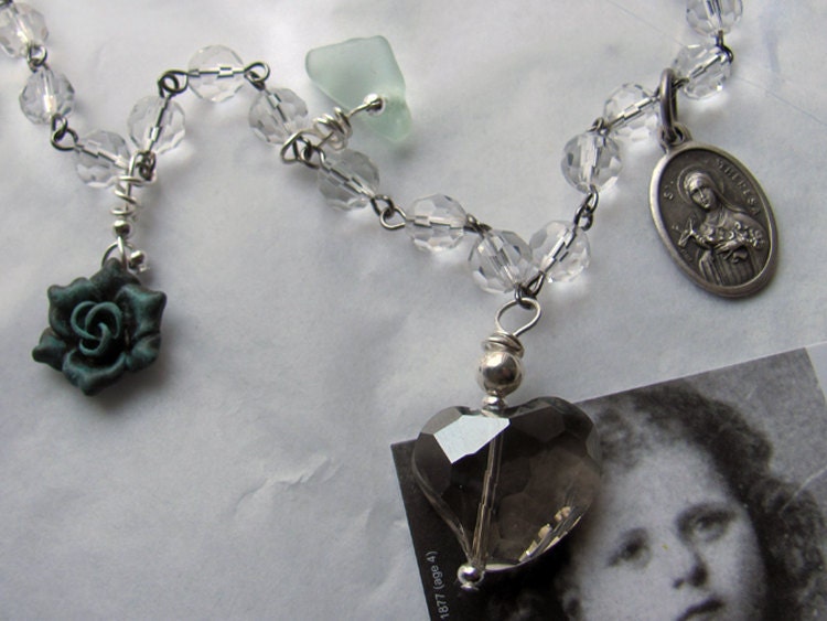 Saint Theresa St Teresa Ste Therese Necklace. Rosary Bead Chain. SeaGlass Charms, Amber, Crystal. Beach Wedding. Birthday. Item 017