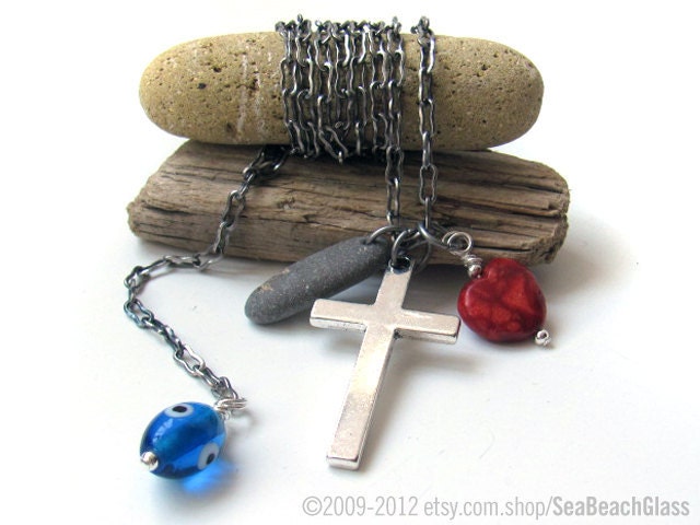 Driftwood. Marine Necklace. Nautical Jewelry. Pirate. Shipwreck Necklace. Cross. Faith Hope and Love. Evil Eye Blue Bead. 037