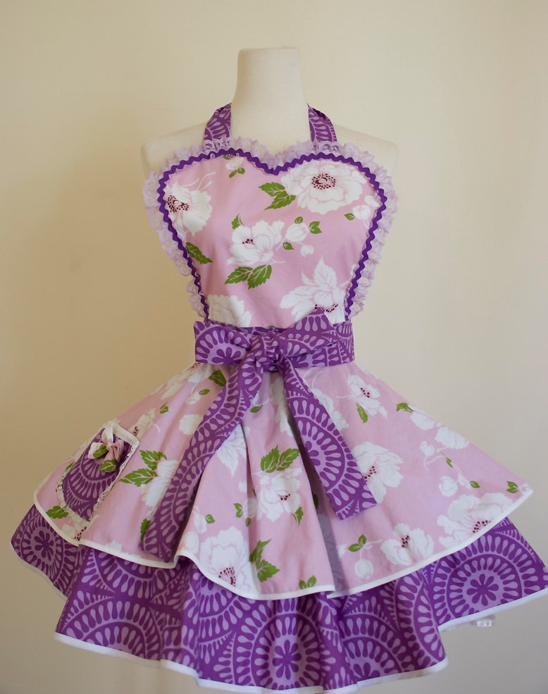 Womens Full Apron with Lilac and Purple Flower pattern