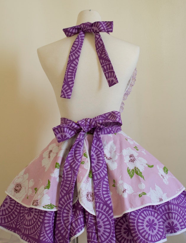 Womens Full Apron with Lilac and Purple Flower pattern