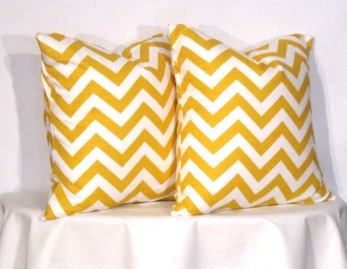 Pillow Covers -  Yellow and White Chevron - Zig Zag Accent Pillow - 20 x 20 inch square - TWO PILLOW COVERS