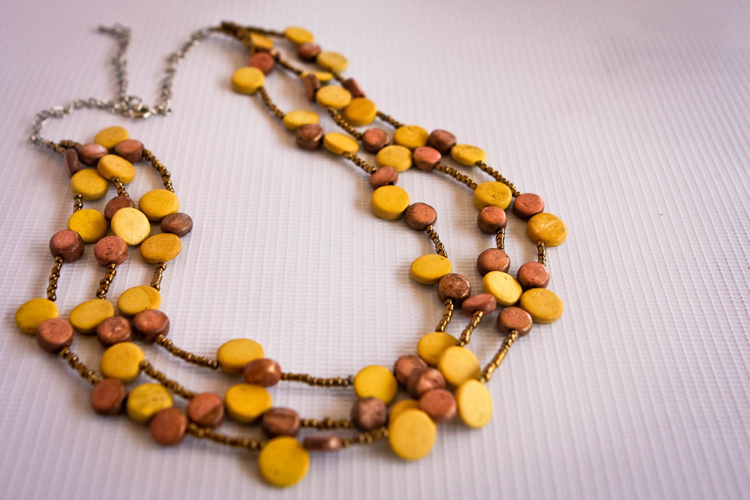 Mustard and Bronze Multistrand Wood Beads Necklace