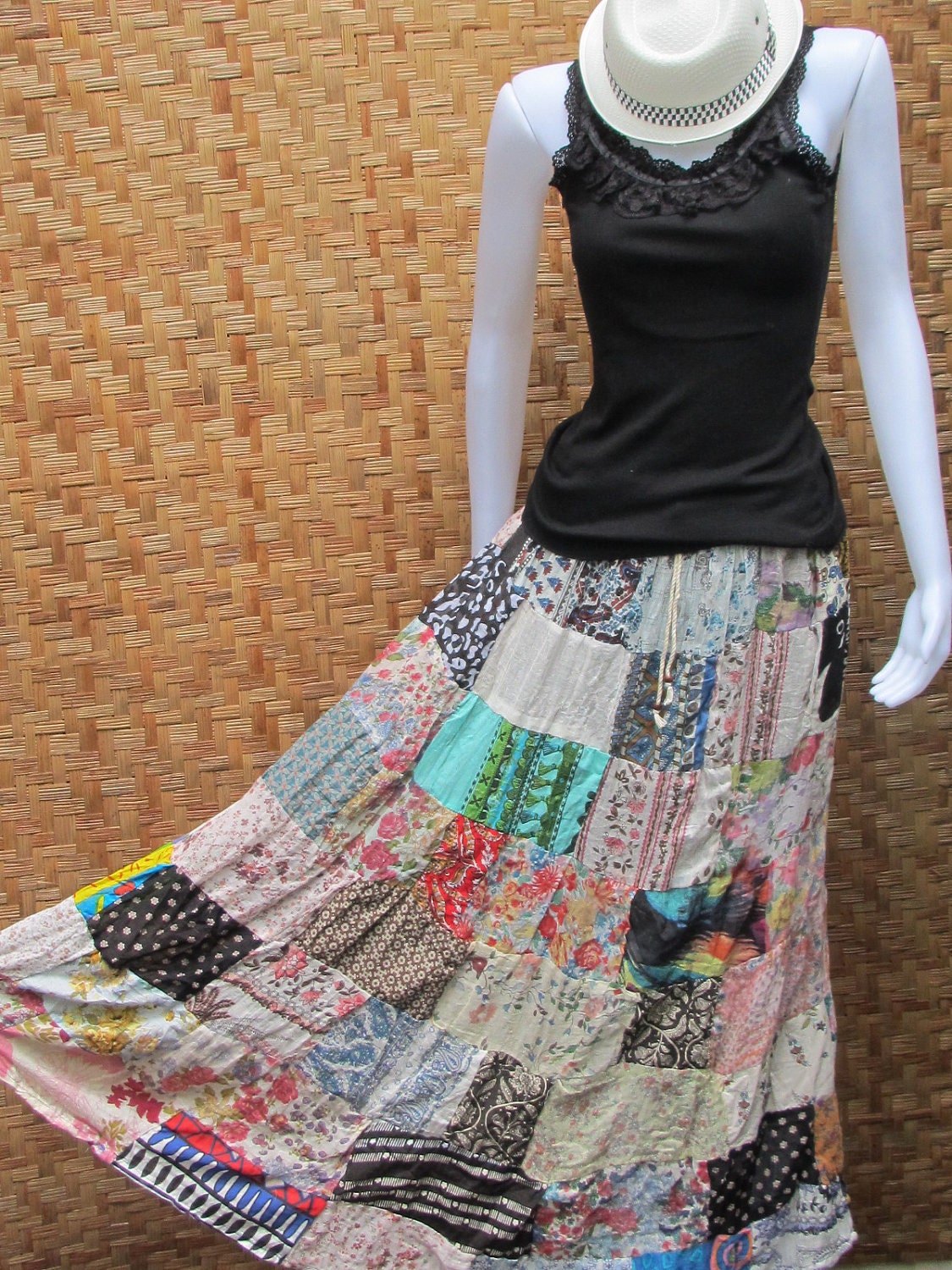 Cotton Patchwork Elastic waist Long Skirt thai cotton and linen